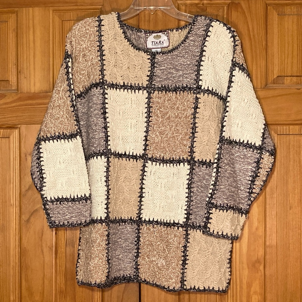 NWOT Tiara Vintage 80s 90s Sweater Patchwork Heavyweight Tan Brown Size M Medium
